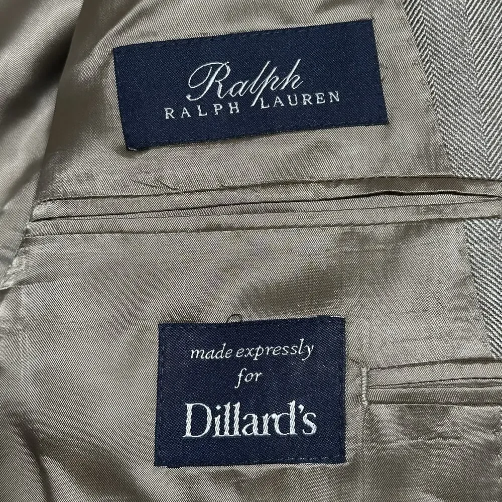 Ralph Ralph Lauren Blazer Sport Coat Mens‎ Size 39L Beige 100% Silk Herringbone